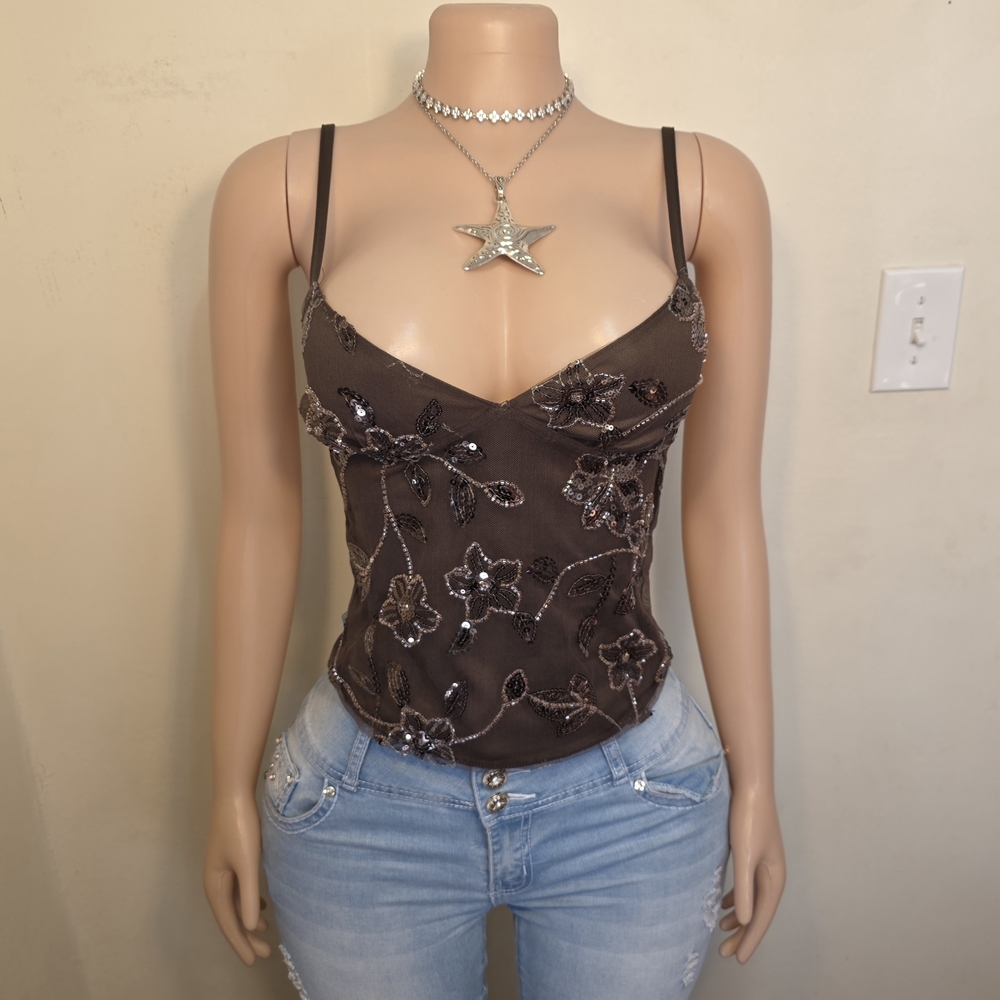 ☆Just Polly Brown Embellished Floral Cami Top☆ - Picture 2 of 5